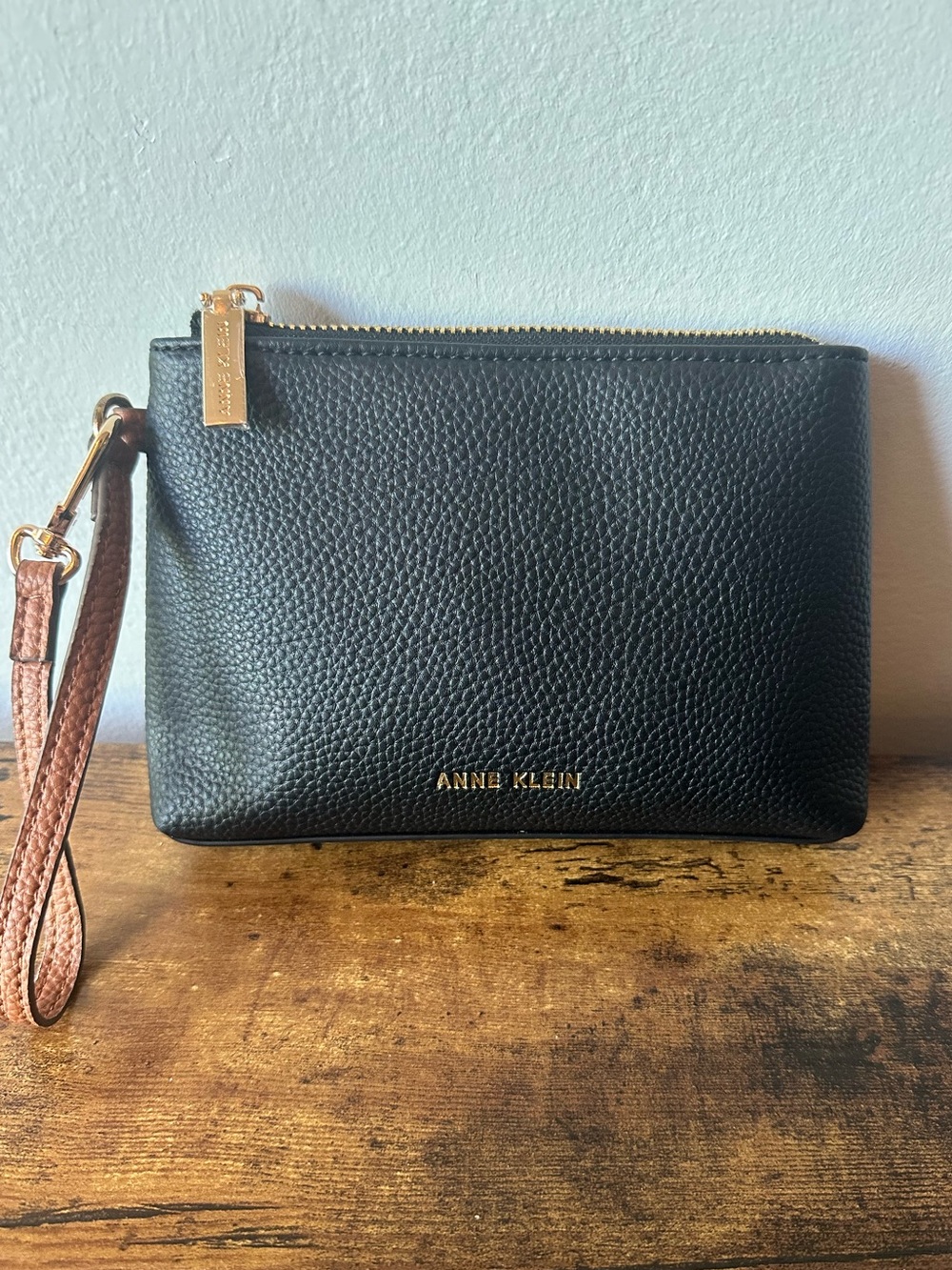 Anne Klein Black Pebbled Faux Leather Wristlet with Brown Strap, Gold Zip NWOT